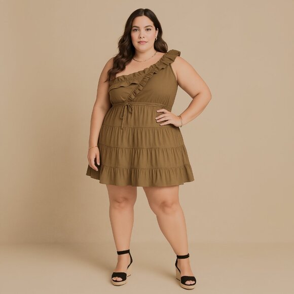 A040-B ✽  Ruffle One-Shoulder Tiered Mini Dress - Picture 1 of 3